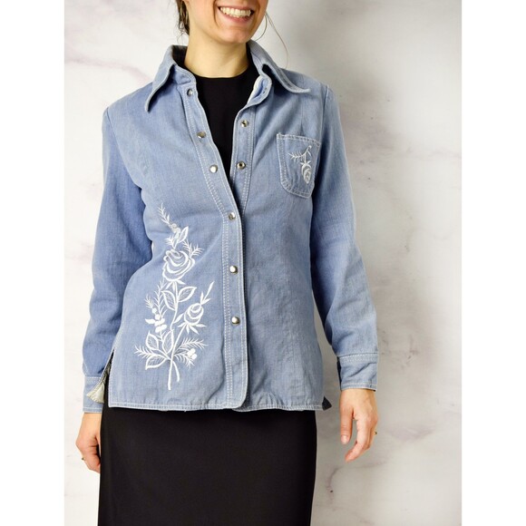 1970s Embroidered Denim Jacket Size Small - Medium 70s Snap Front Jean Jacket - Picture 6 of 6